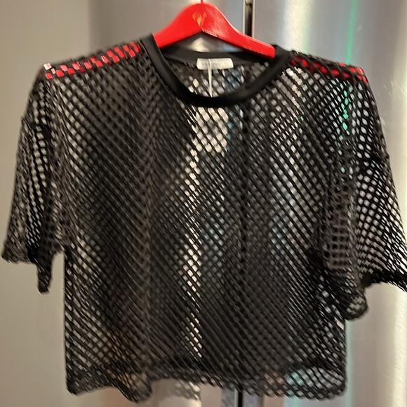 MESH Short sleeved PULLOVER SHIRT Crop Top CLUB dance biker punk rock 80s 90s XL - Picture 1 of 10